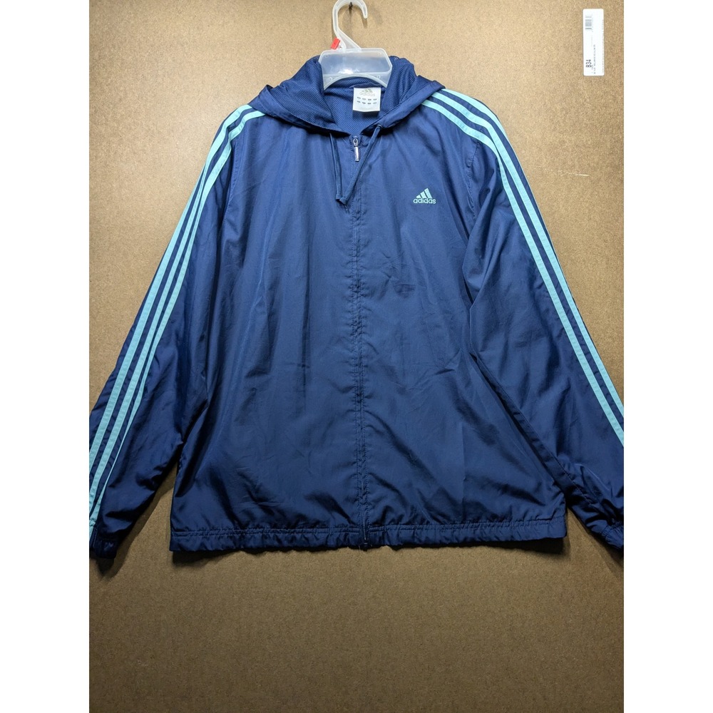 Adidas Windbreaker Jacket Navy Blue 3 Stripe Hooded Full Zip Mesh Lined 264881